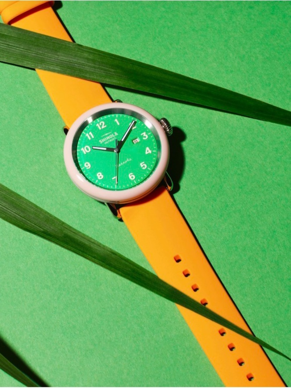 Shinola Detrola Green Dial Watch with Pink Bezel and Orange Strap - Picture 2 of 4